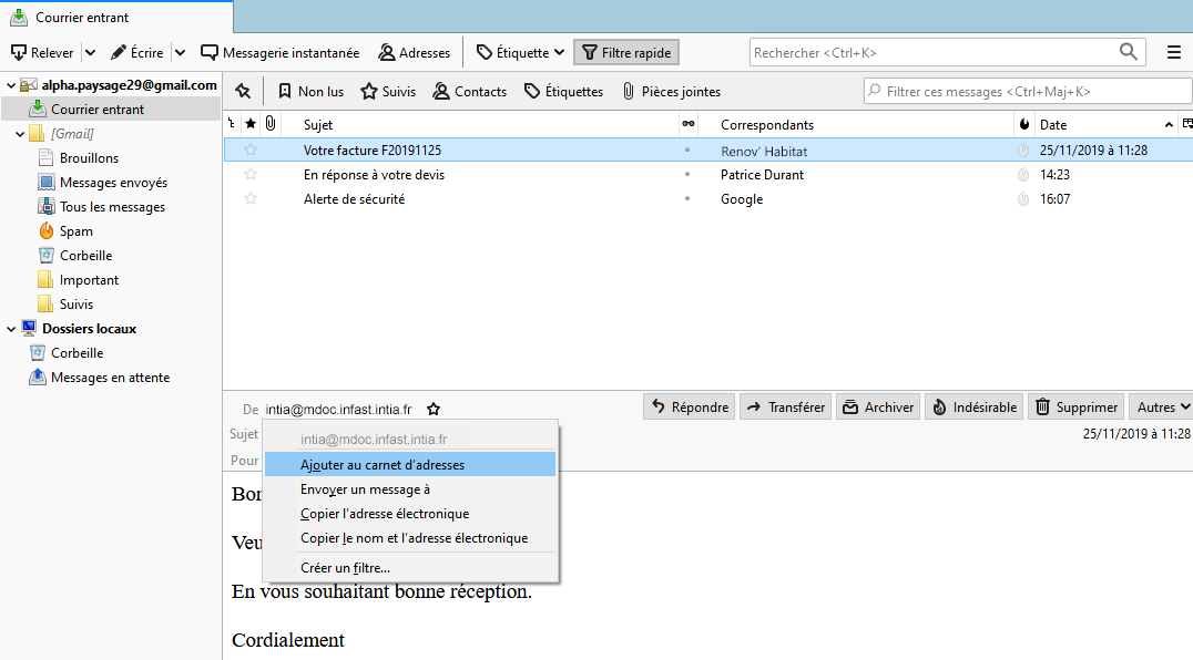 Comment récupérer une adresse mail dans les spams INTIA